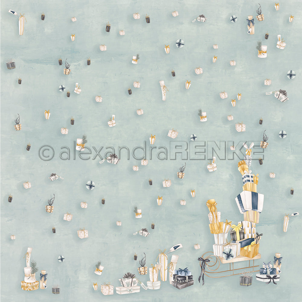 Verstreute Geschenkboxen und gestapelte Geschenke mit Weihnachtsfiguren von Alexandra Renke auf hellblauem Hintergrund - ideal für Papierprojekte oder Ihr Lieblingsdesignpapier Weihnachten.