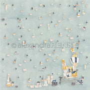 Verstreute Geschenkboxen und gestapelte Geschenke mit Weihnachtsfiguren von Alexandra Renke auf hellblauem Hintergrund - ideal für Papierprojekte oder Ihr Lieblingsdesignpapier Weihnachten.