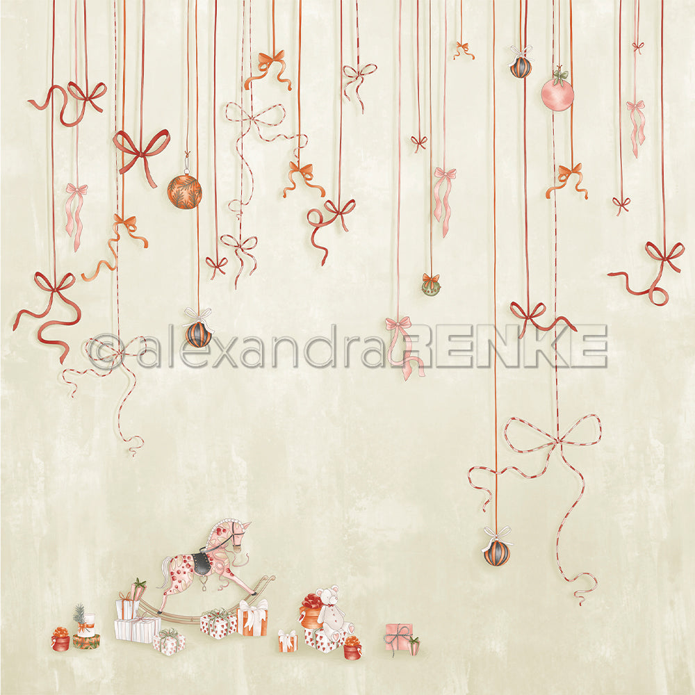 Alexandra Renkes rote und rosafarbene Festtagsbänder, Ornamente, Schleifen, Geschenke, ein Spielzeug-Schaukelpferd und bezaubernde Weihnachtsfiguren werden auf einem hellen Hintergrund präsentiert.