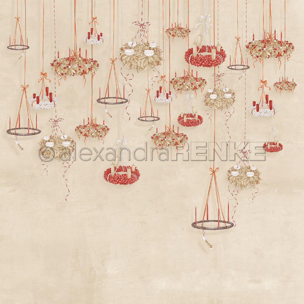 Festliche Kränze und Kerzendekorationen von Alexandra Renke, inspiriert von den weihnachtlichen Figurinen Lichterkränzen, hängen an roten Bändern auf einem beigen Hintergrund - ideal für Designpapier Weihnachten oder Papierbastelprojekte.