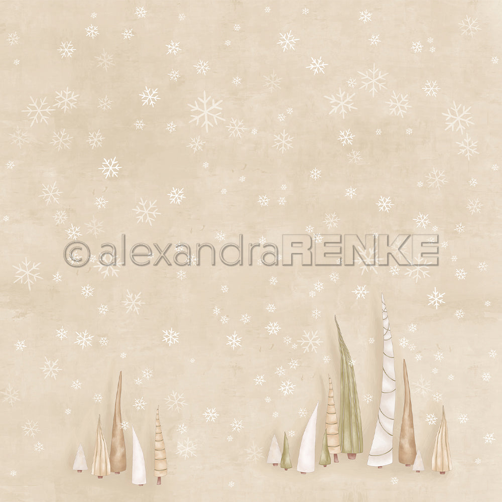 Beigefarbener Hintergrund mit weißen Schneeflocken und einer Reihe von stilisierten Bäumen - perfekt für Papierprojekte oder um Winterwaldzauber auf Ihr Designpapier zu bringen - Weihnachtsfiguren von Alexandra Renke.