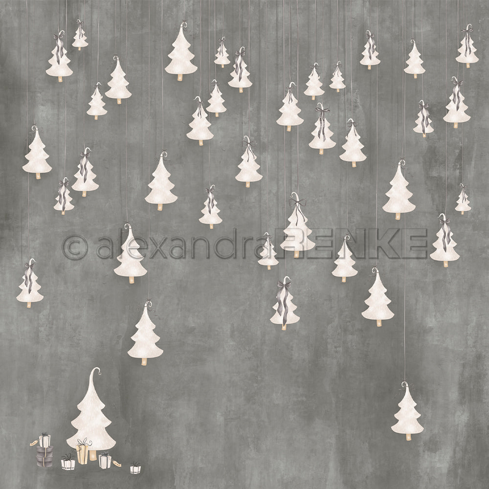 Weißer Christbaumschmuck baumelt an Schnüren über einem grauen Hintergrund, Geschenke sitzen neben einem Baum in der Ecke - ideal für Alexandra Renke Designpapier Weihnachten und festliche Papierprojekte wie Grußkarten.