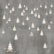 Weißer Christbaumschmuck baumelt an Schnüren über einem grauen Hintergrund, Geschenke sitzen neben einem Baum in der Ecke - ideal für Alexandra Renke Designpapier Weihnachten und festliche Papierprojekte wie Grußkarten.
