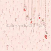 Ein rosafarbener Hintergrund mit Zuckerstangen und Weihnachtsstrümpfen, die mit Geschenken, Grünzeug und charmanten Figuren von Alexandra Renke gefüllt sind - eine ideale Inspiration für festliche Papierprojekte und kreative Design-Papierarbeiten.