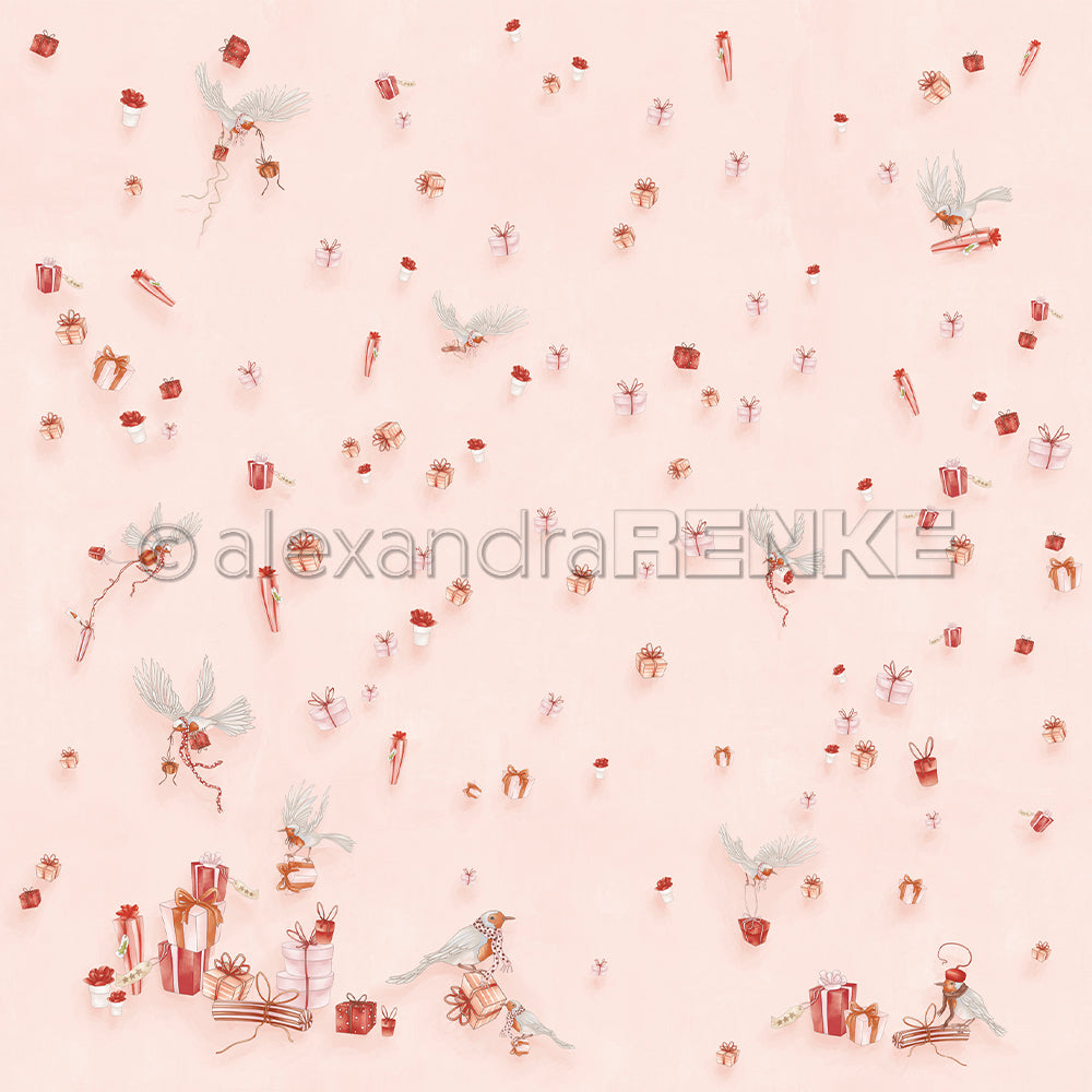 Hellrosa Hintergrund mit verstreuten kleinen Geschenken, Vögeln und Präsenten in Rot- und Goldtönen - perfektes festliches Designpapier Weihnachten von Alexandra Renke.