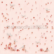 Hellrosa Hintergrund mit verstreuten kleinen Geschenken, Vögeln und Präsenten in Rot- und Goldtönen - perfektes festliches Designpapier Weihnachten von Alexandra Renke.
