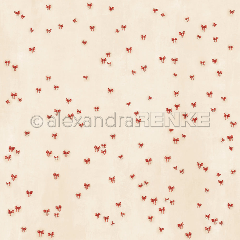 Charmantes Alexandra Renke Designpapier mit kleinen roten Schleifen auf hellbeigem Hintergrund - ideal für Buchbinderei und Papierprojekte.