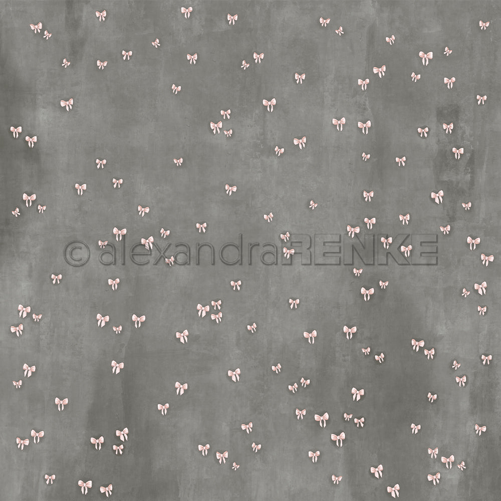 Ein grauer Hintergrund mit verstreuten kleinen rosa und weißen Schleifen, perfekt als charmantes Designpapier von Alexandra Renke für Ihre nächsten kreativen Papierprojekte.