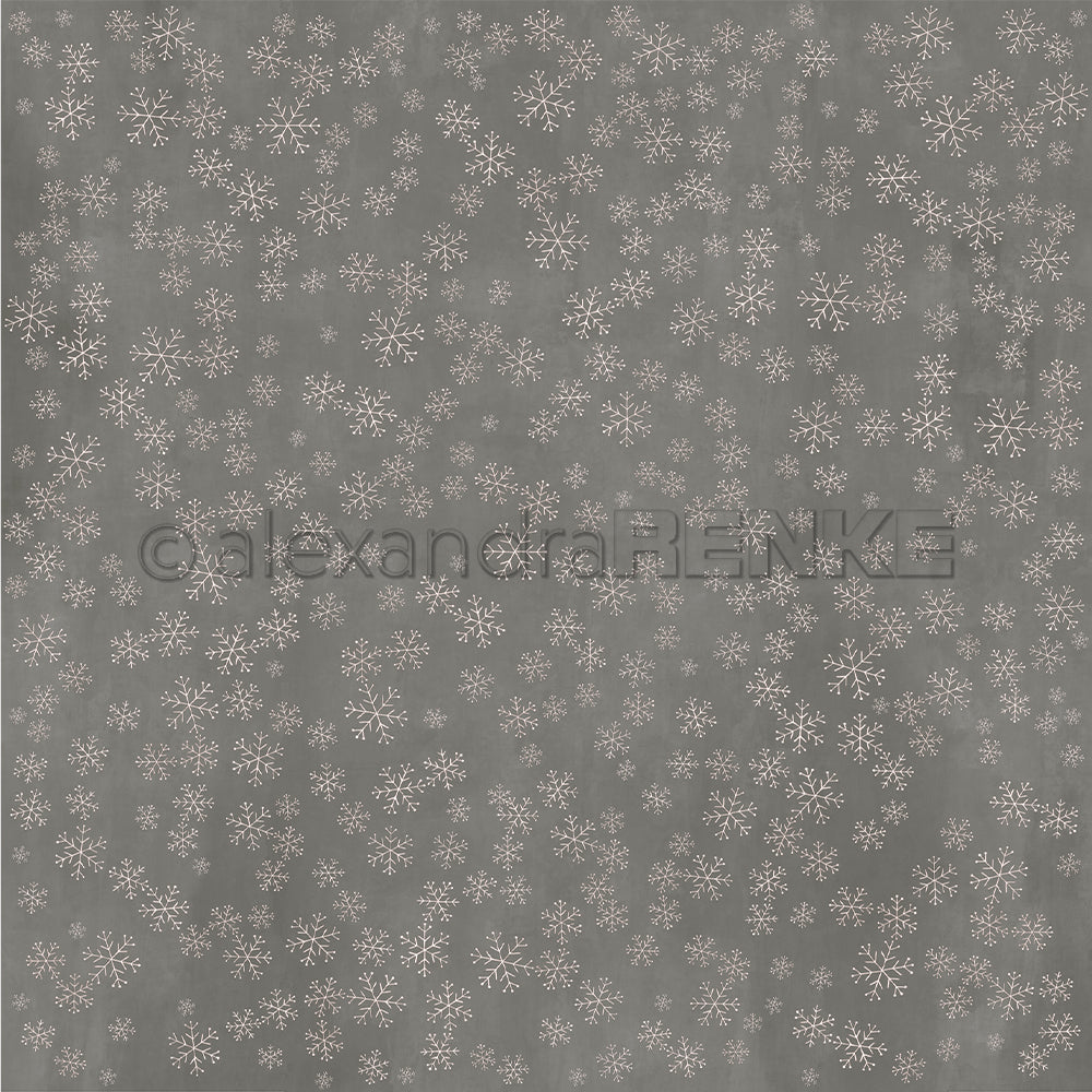 Grauer Hintergrund mit weißen Schneeflocken gleichmäßig verstreut, perfekt für Buchbinderei oder Papierprojekte. Verwenden Sie Alexandra Renke Designpapier Schneeflockenzauber Diamantgrau für Ihre kreativen Bastelarbeiten und Projekte.