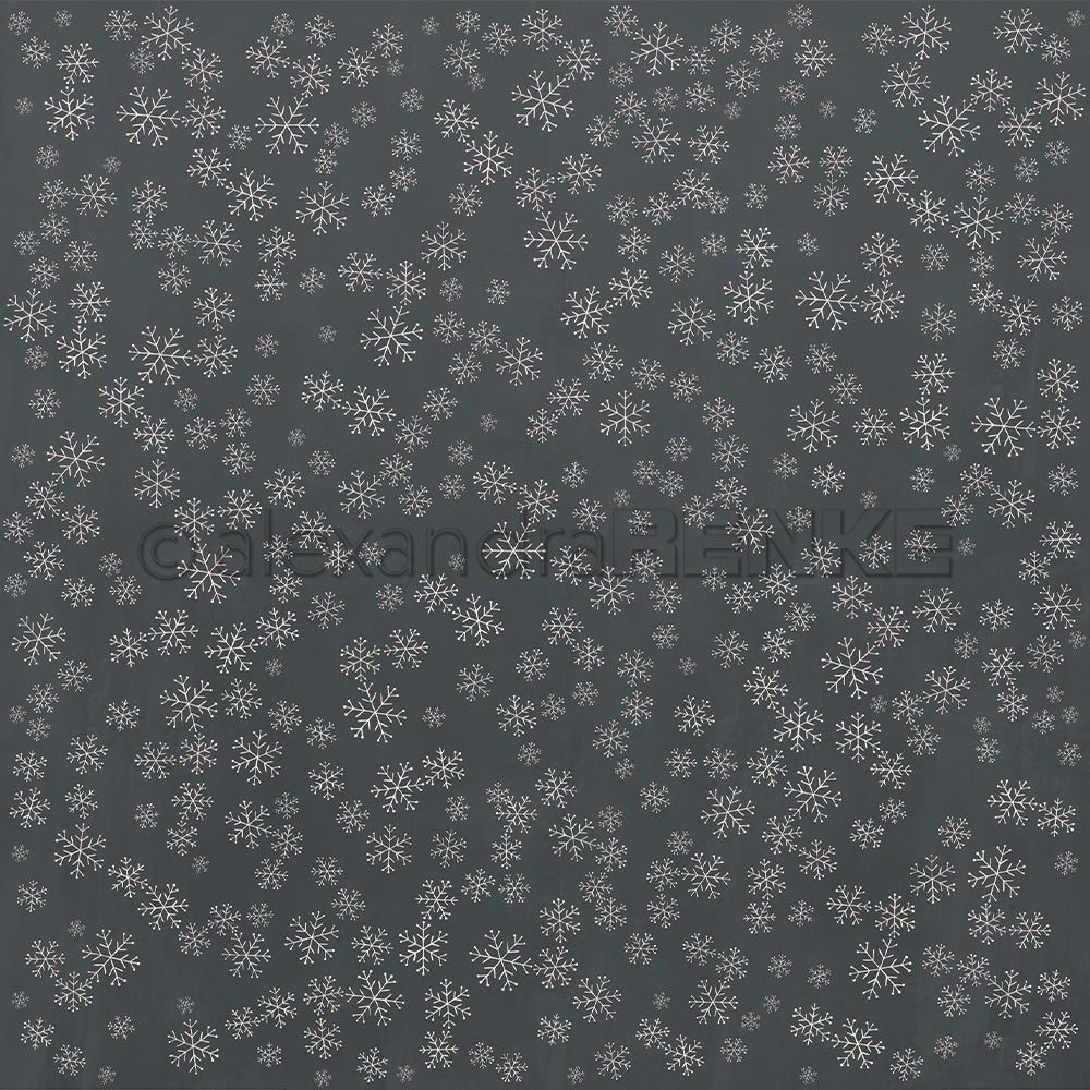 Weiße Schneeflocken auf dunkelgrauem Hintergrund, die an das Designpapier Schneeflockenzauber Mitternachtsblau von Alexandra Renke erinnern - ideal für die Buchbinderei oder winterliche Papierprojekte.