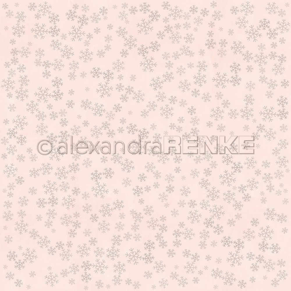 Hellrosa Hintergrund mit zarten grauen Schneeflocken, dieses Alexandra Renke Designpapier Schneeflockenzauber Blassrosa verleiht Papierprojekten oder Buchbinderei subtilen Winterzauber. Perfekt für jedes kreative Projekt.