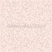 Hellrosa Hintergrund mit zarten grauen Schneeflocken, dieses Alexandra Renke Designpapier Schneeflockenzauber Blassrosa verleiht Papierprojekten oder Buchbinderei subtilen Winterzauber. Perfekt für jedes kreative Projekt.