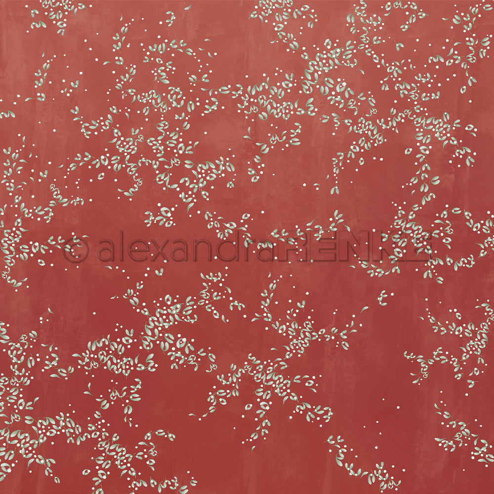 Das Alexandra Renke Designpapier Mistelwirbel Bordeauxrot zeigt einen roten Hintergrund mit verstreuten weißen blattähnlichen Mustern - ideal zum Buchbinden oder für Papierbastelprojekte.