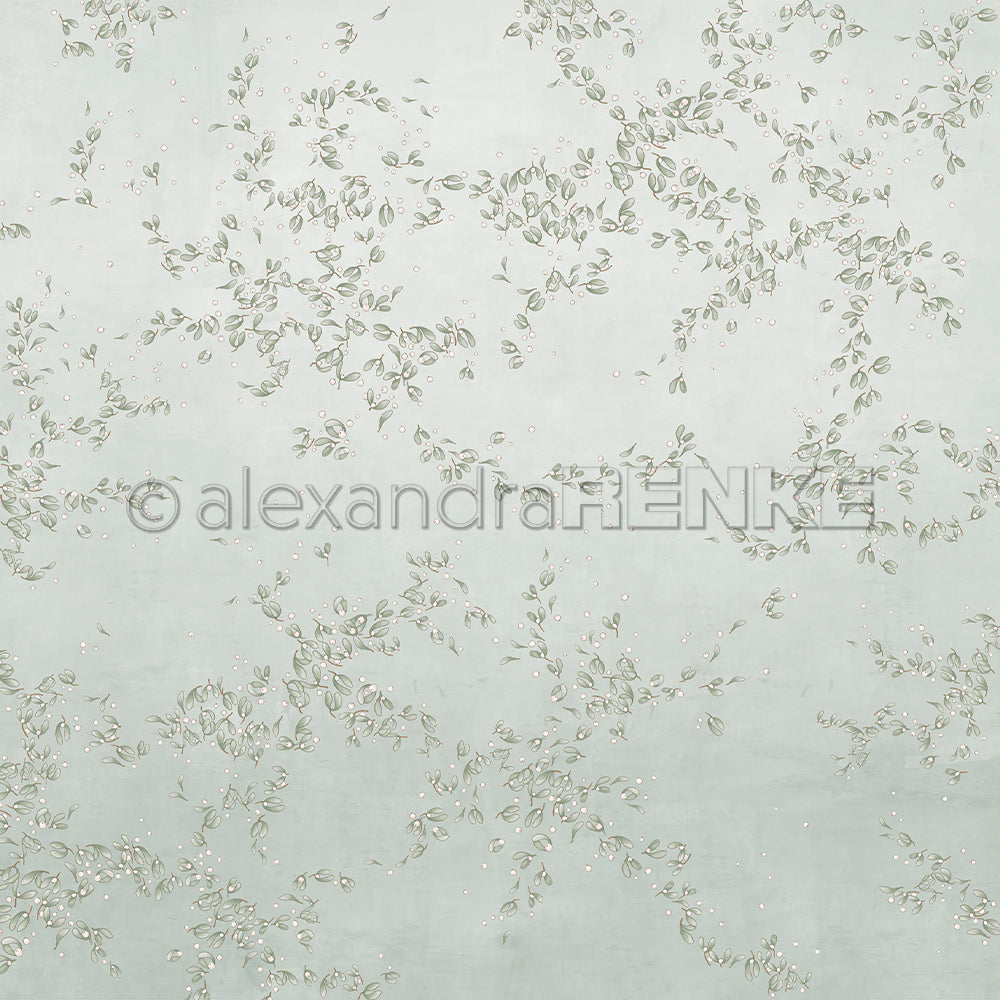 Zarter hellblauer Stoff von Alexandra Renke mit gestickten Blattrankenmustern und kleinen Glitzern - eine ideale Inspiration für Designpapier oder Papierprojekte wie den Mistelwirbel Jaspisgrün.