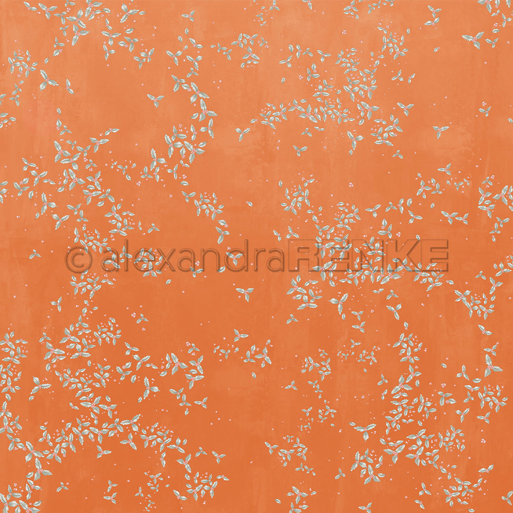 Leuchtend oranger Hintergrund mit verstreuten kleinen weißen blattähnlichen Mustern, perfekt für Buchbinderei oder Papierprojekte. Dieses einzigartige Alexandra Renke Designpapier verleiht jedem Projekt eine kreative Note.