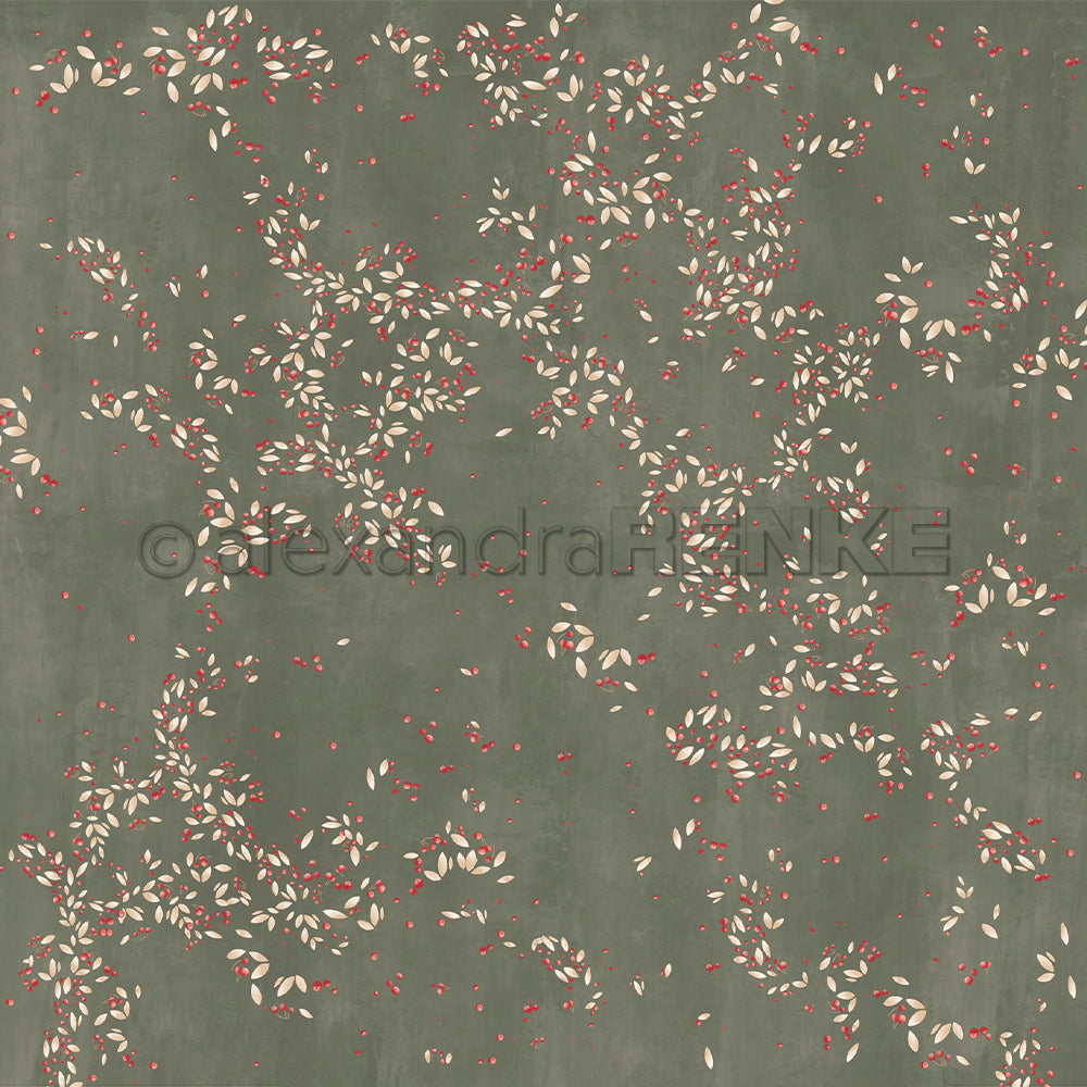 Grüner Hintergrund verziert mit cremefarbenen Blattbüscheln und kleinen roten Beeren, ideal für Papierprojekte. Dieses Alexandra Renke Designpapier zeigt durchgehend das verspielte Beerenwirbel-Avocado-Muster.