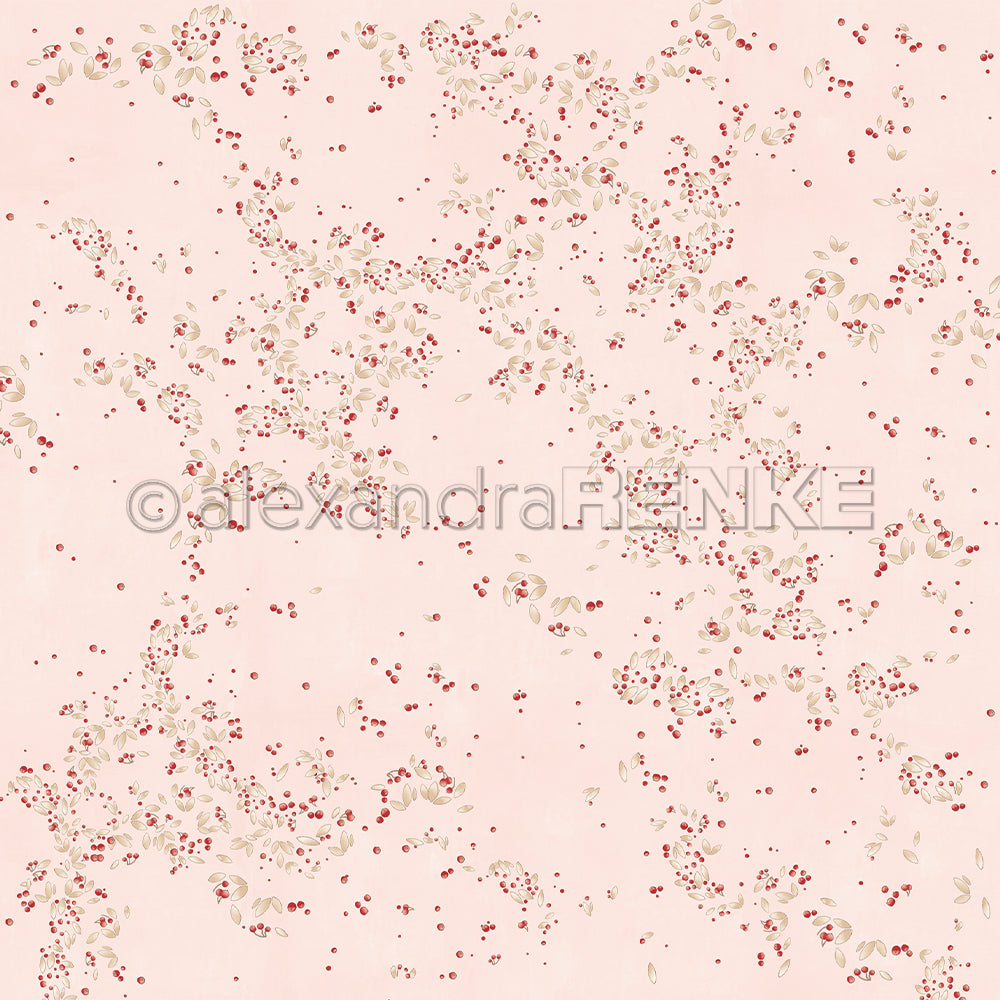 Zartes florales Muster mit kleinen roten Beeren und grünen Blättern auf zartrosa Hintergrund - ideal für Papierprojekte oder als Alexandra Renke Designpapier Beerenwirbel Blassrosa in Ihrer nächsten Buchbinderei Kreation.