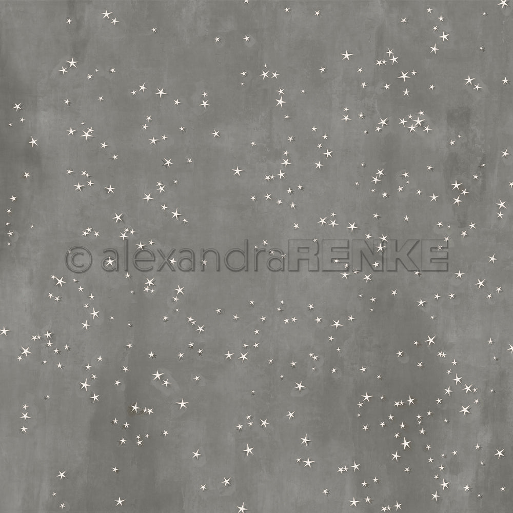 Das Alexandra Renke Sternenzauber Diamantgrau Designpapier hat einen grauen Hintergrund mit verstreuten weißen Sternen und einem schwachen Wasserzeichen, das jedem kreativen Papierprojekt dezenten Glanz und Eleganz verleiht.