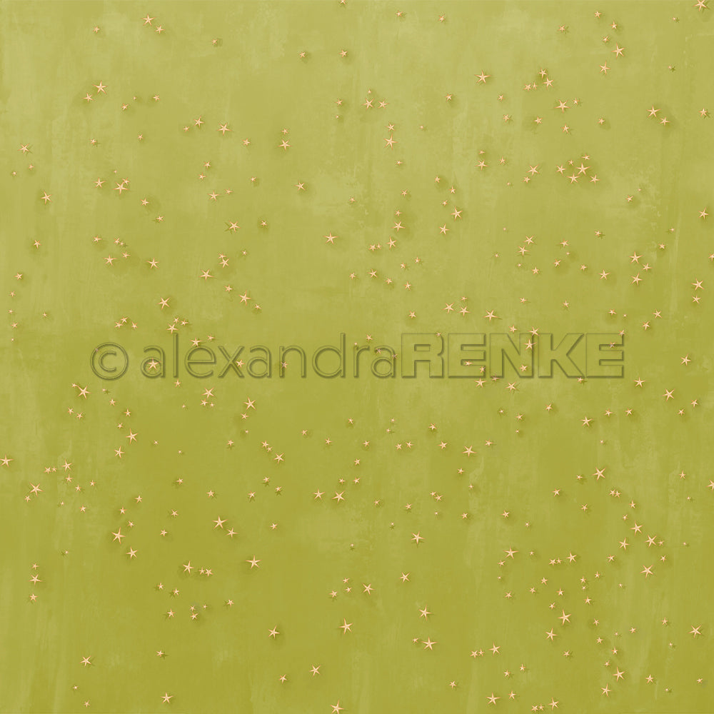 Hellgrüner Hintergrund mit kleinen goldenen Sternen - ideal als Alexandra Renke Papierprojekte Material oder charmantes Designpapier für Ihr nächstes Bastel- oder Buchbinderei-Projekt.