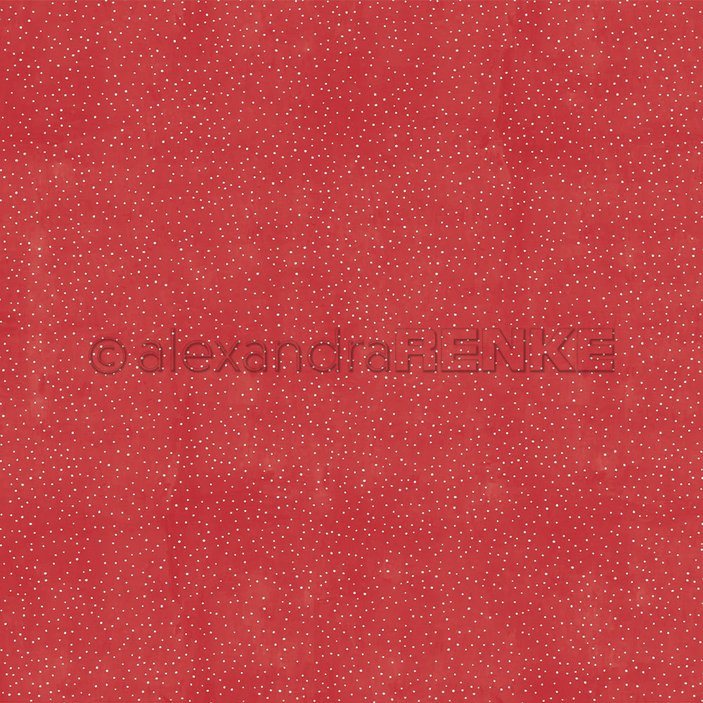 Das rote Designpapier aus der Kollektion Alexandra Renke Punktetanz Karmesinrot zeichnet sich durch ein dezentes Strukturmuster mit kleinen weißen Punkten aus, die gleichmäßig über die Oberfläche verteilt sind.