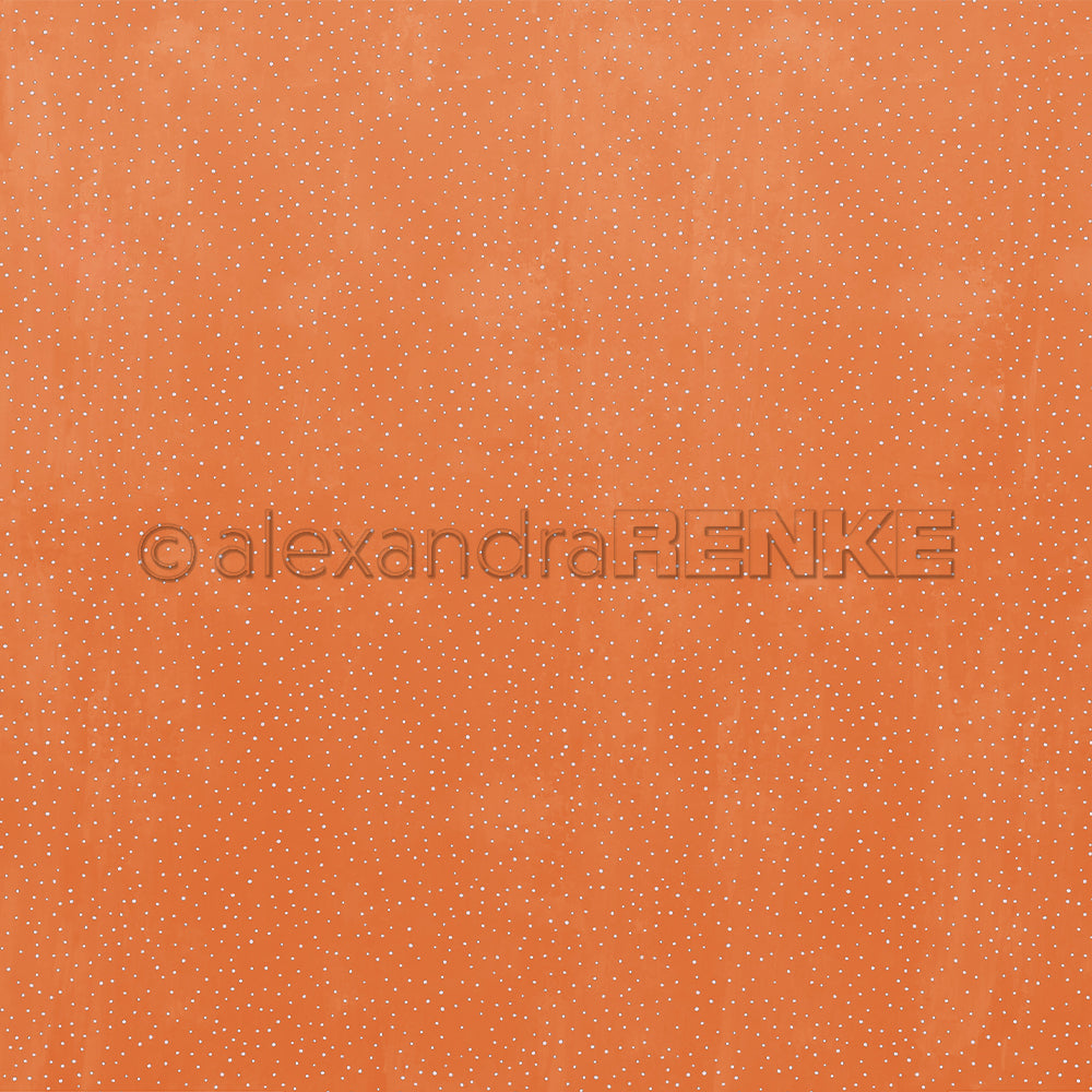 Leuchtend orangefarbener Hintergrund mit kleinen, gleichmäßig verteilten weißen Punkten und einem Wasserzeichen von Alexandra Renke - ideal zum Buchbinden oder für andere kreative Papierprojekte.