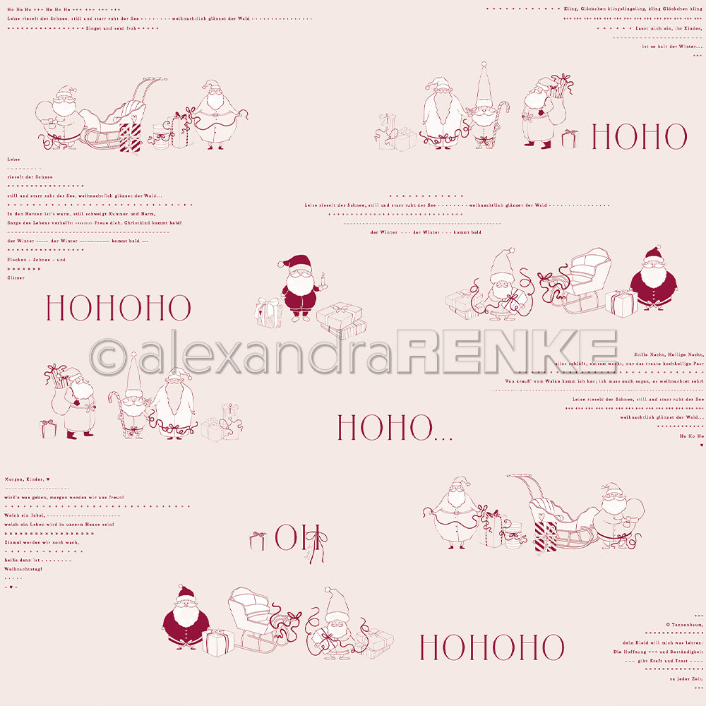Strichzeichnungen von Weihnachtsmann, Rentieren und Geschenken mit rotem HOHOHO auf cremefarbenem Untergrund - dieses Alexandra Renke Designpapier Weihnachtsmänner ist perfekt für festliche Papierprojekte oder Buchbinderei.