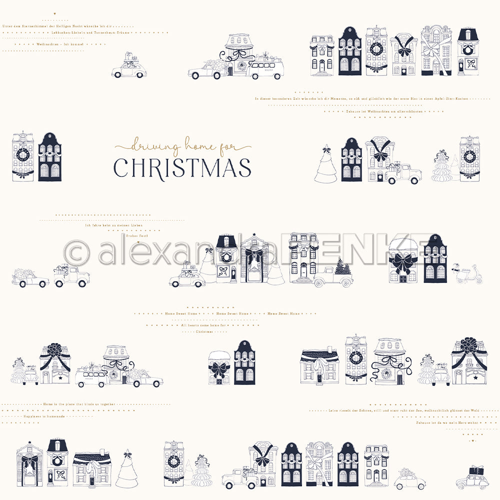 Handgezeichnete Autos und Häuser mit festlichem Dekor von Alexandra Renke, perfekt für Papierprojekte oder einzigartiges Designpapier. Mit dem Text "Driving home for Christmas". Ideal für Szenen Häuserreihen Urlaub Handwerk.