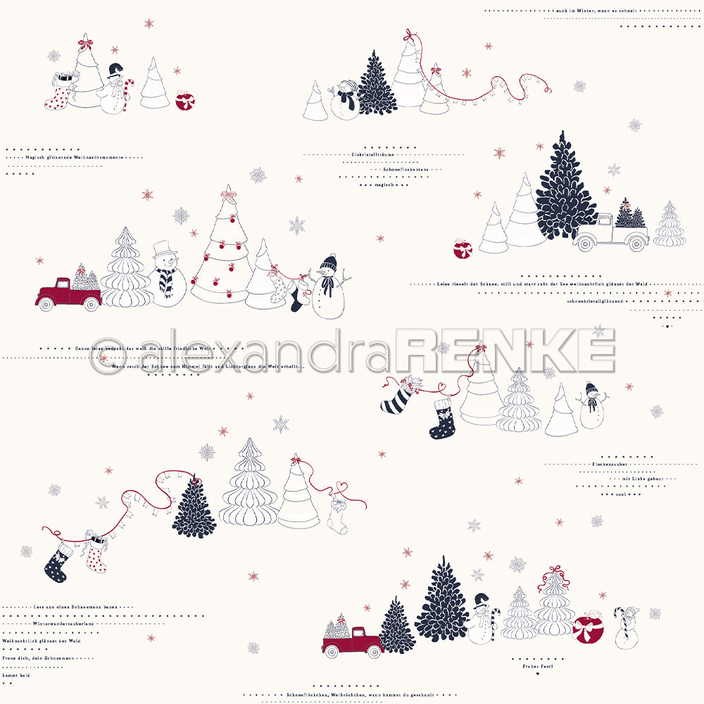 Das Designpapier von Alexandra Renke zeigt skurrile Weihnachtsszenen - Bäume, Schneemänner, Autos, Strümpfe und Dekorationen auf Weiß - ideal für festliche Papierprojekte oder einzigartige Buchbinderei-Kreationen.