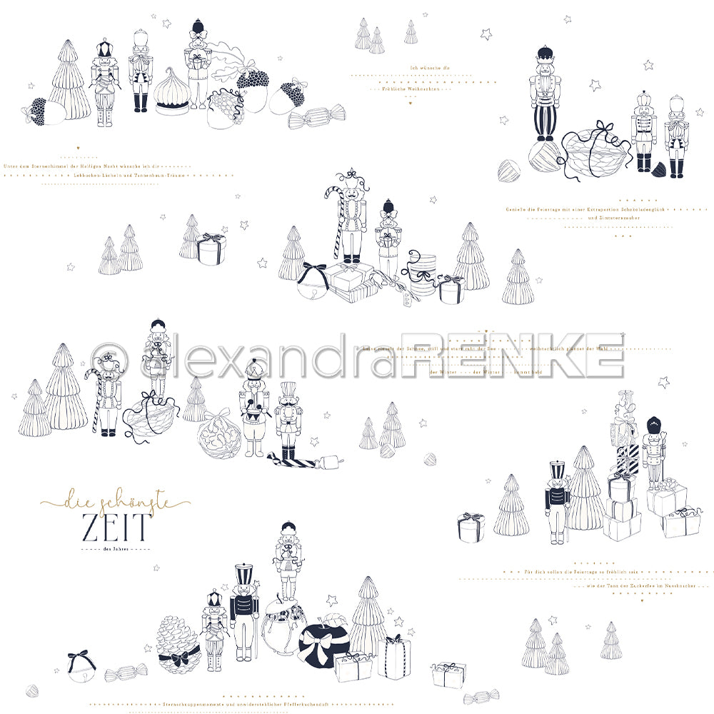 Strichzeichnungen von Nussknackern, Geschenken und Weihnachtsbäumen auf weißem Hintergrund - perfekt für Buchbinderei oder Papierprojekte mit festlichem Flair. Hochwertiges Designpapier Nussknacker von Alexandra Renke.