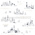 Strichzeichnungen von Nussknackern, Geschenken und Weihnachtsbäumen auf weißem Hintergrund - perfekt für Buchbinderei oder Papierprojekte mit festlichem Flair. Hochwertiges Designpapier Nussknacker von Alexandra Renke.