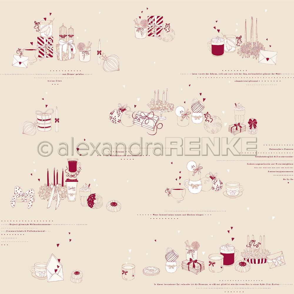 Geschenkschachteln, Kerzen, Desserts und festliche Dekorationen, arrangiert auf einem hellbeigen Hintergrund mit eleganten Designpapier-Akzenten - perfekt für Papierprojekte by Alexandra Renke.