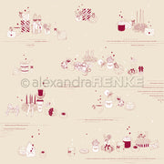 Geschenkschachteln, Kerzen, Desserts und festliche Dekorationen, arrangiert auf einem hellbeigen Hintergrund mit eleganten Designpapier-Akzenten - perfekt für Papierprojekte by Alexandra Renke.