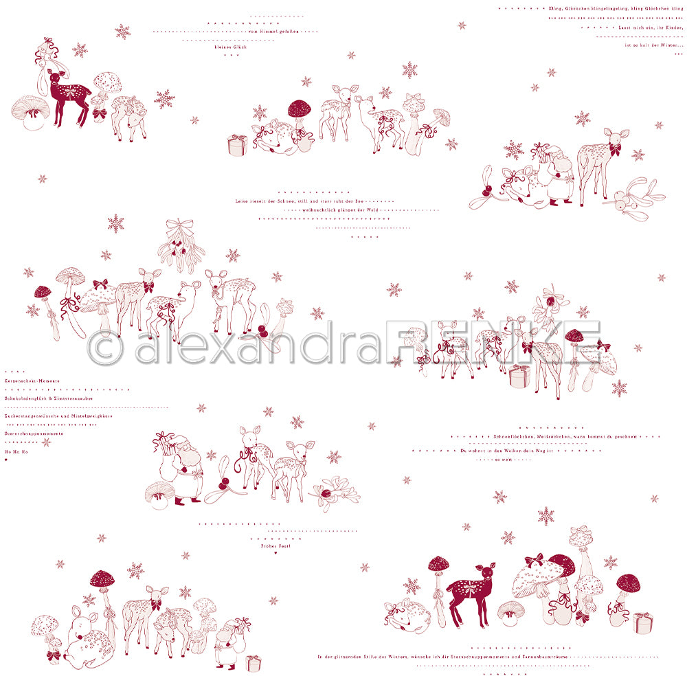 Alexandra Renke Designpapier zeigt süße Rehe, Pilze, Geschenke und Schneeflocken in Rot und Beige auf Weiß - ideales Bastelpapier für kreative Projekte.