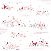 Alexandra Renke Designpapier zeigt süße Rehe, Pilze, Geschenke und Schneeflocken in Rot und Beige auf Weiß - ideales Bastelpapier für kreative Projekte.
