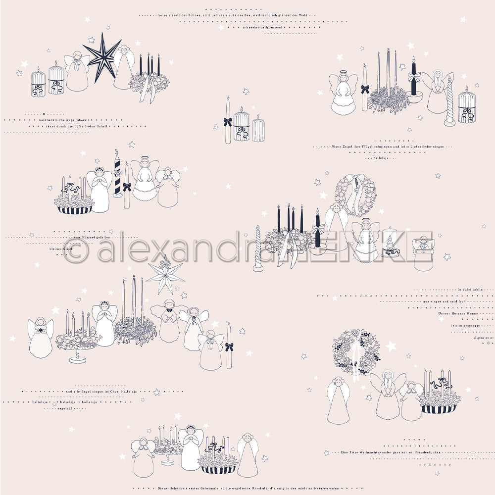 Strichzeichnungen von Engeln, Kerzen und Kränzen, die Adventstraditionen darstellen, zieren dieses Alexandra Renke Designpapier - perfekt für Papierprojekte. Der helle Hintergrund mit Sternen sorgt für ein festliches Flair.