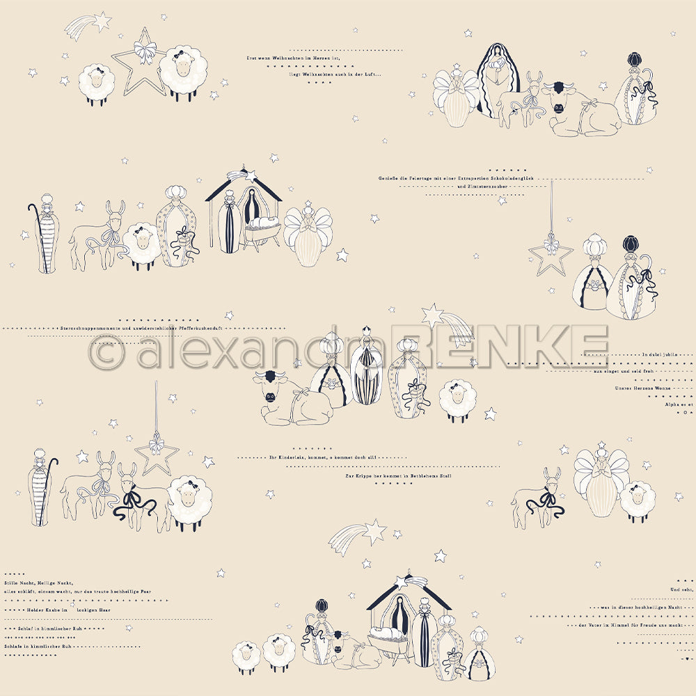 Minimalistische Krippenszene-Illustrationen von Alexandra Renke mit Schafen, Kamelen, Sternen und deutschem Text auf beigem Hintergrund - ideal für Designpapier oder Projekte auf Papier.
