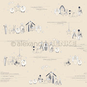 Minimalistische Krippenszene-Illustrationen von Alexandra Renke mit Schafen, Kamelen, Sternen und deutschem Text auf beigem Hintergrund - ideal für Designpapier oder Projekte auf Papier.