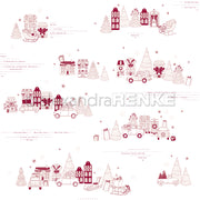 Weihnachtliche Dorfszenen mit Häusern, Autos, Bäumen und Schneeflocken in Rot und Beige auf Weiß - dieses Designpapier von Alexandra Renke eignet sich perfekt für festliche Papierprojekte oder Buchbinderei-Kreationen.