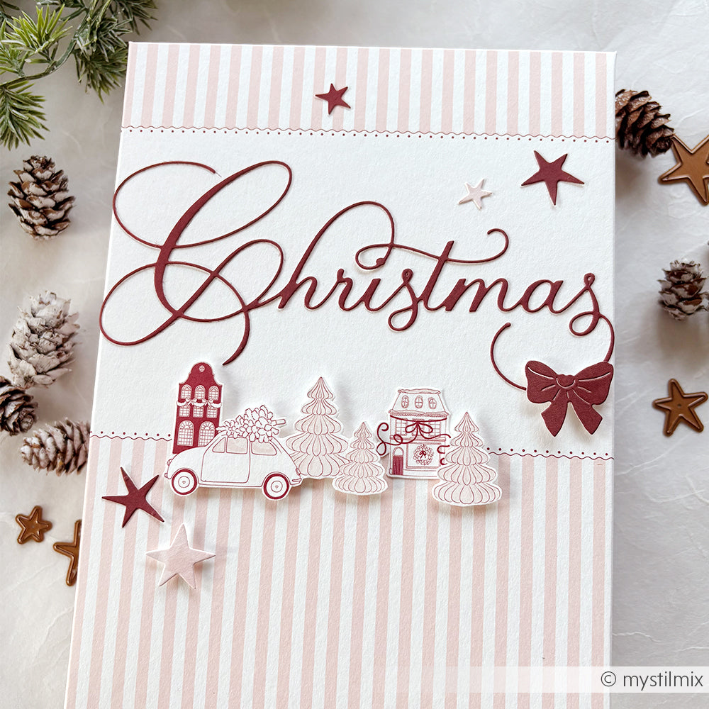Eine festliche Weihnachtskarte von Alexandra Renke mit kastanienbraunen Schriftzügen, Bäumen, einem Auto und weihnachtlicher Dekoration auf gestreiftem Designpapier - ideal für Ihre Papierprojekte oder Buchbinderei-Kreationen.