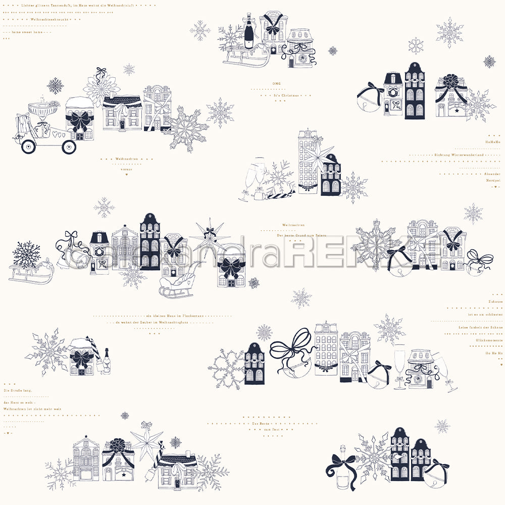 Das Design von Alexandra Renke zeigt ein winterliches Dorf mit Häusern, Schneeflocken, Geschenkboxen und festlicher Dekoration auf hellem Hintergrund - ideal für Papierprojekte oder um Ihrer nächsten Designpapierkreation Charme zu verleihen.
