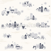 Das Design von Alexandra Renke zeigt ein winterliches Dorf mit Häusern, Schneeflocken, Geschenkboxen und festlicher Dekoration auf hellem Hintergrund - ideal für Papierprojekte oder um Ihrer nächsten Designpapierkreation Charme zu verleihen.