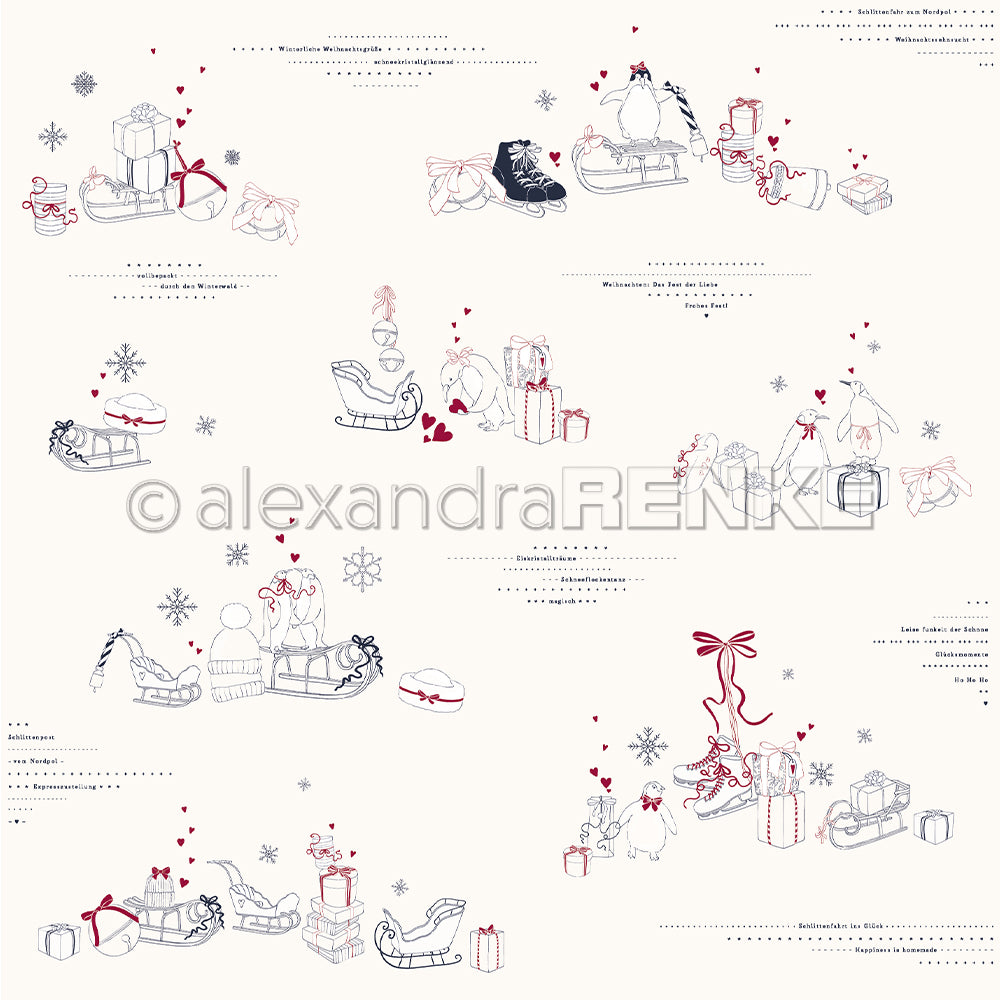 Alexandra Renke Designpapier mit handgezeichneten Schlitten, Geschenken, Schlittschuhen, Herzen und Schneeflocken - ideales Bastelpapier oder Designpapier für Basteleien zum Thema Schneevergnügen.