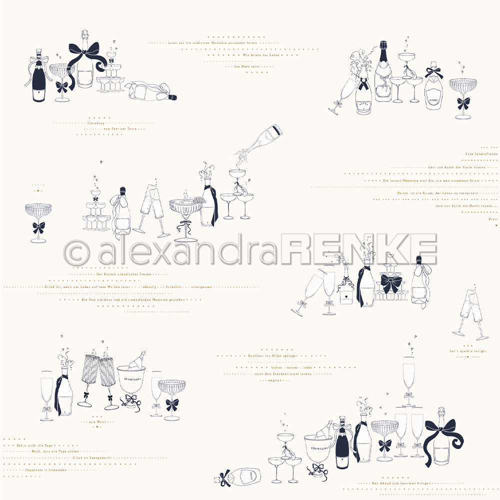 Handgezeichnete Sektflaschen und Gläser mit Schleifen und Text auf hellem Hintergrund, mit Alexandra Renke-idealem Designpapier für Papierprojekte oder um Ihren kreativen Projekten einen eleganten Touch zu verleihen.