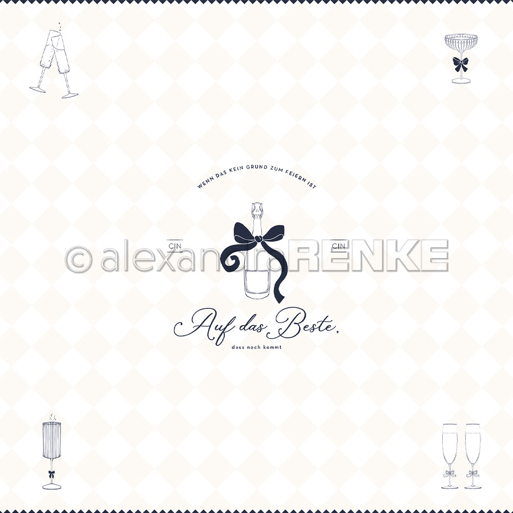 Minimalistisches Design mit einer Sektflasche und Schleife, mit skizzierten Gläsern und deutschem Text - ideal für Papierprojekte oder Buchbinderei. Von Alexandra Renke.