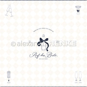 Minimalistisches Design mit einer Sektflasche und Schleife, mit skizzierten Gläsern und deutschem Text - ideal für Papierprojekte oder Buchbinderei. Von Alexandra Renke.