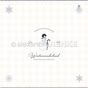 Schneemann mit Mütze und Schal, Schneeflocken und "Winterwunderland"-Text auf hellem, rautenförmigem Hintergrund - ideal für Ihre Papierprojekte mit Alexandra Renke Designpapier Winterwunderland.