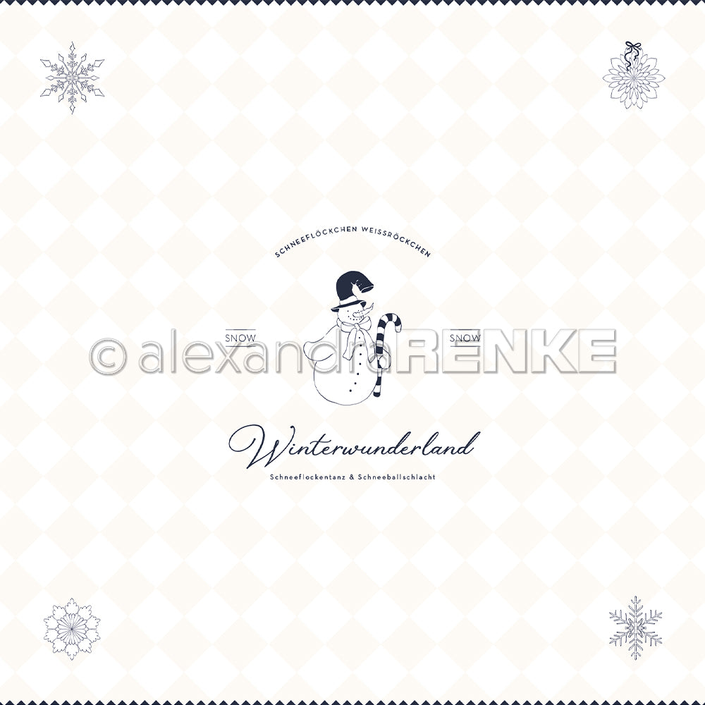 Schneemann mit Mütze und Schal, Schneeflocken und "Winterwunderland"-Text auf hellem, rautenförmigem Hintergrund - ideal für Ihre Papierprojekte mit Alexandra Renke Designpapier Winterwunderland.