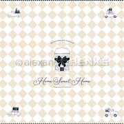 Beigefarbenes Rautenmusterpapier von Alexandra Renke mit Oldtimern, Weihnachtsbäumen und Geschenken sowie dem Text "Home Sweet Home". Ideal für Grußkarten oder Papierbasteleien.