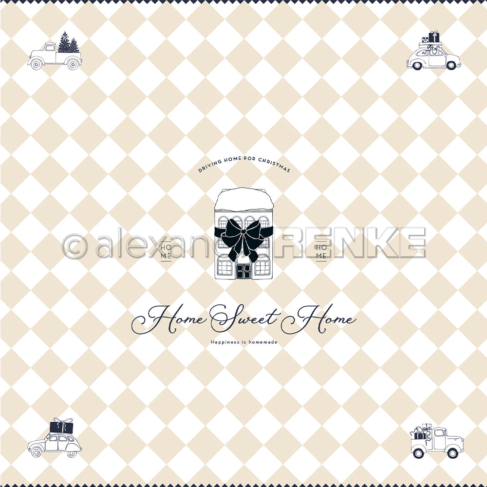 Beigefarbenes Rautenmusterpapier von Alexandra Renke mit Oldtimern, Weihnachtsbäumen und Geschenken sowie dem Text "Home Sweet Home". Ideal für Grußkarten oder Papierbasteleien.