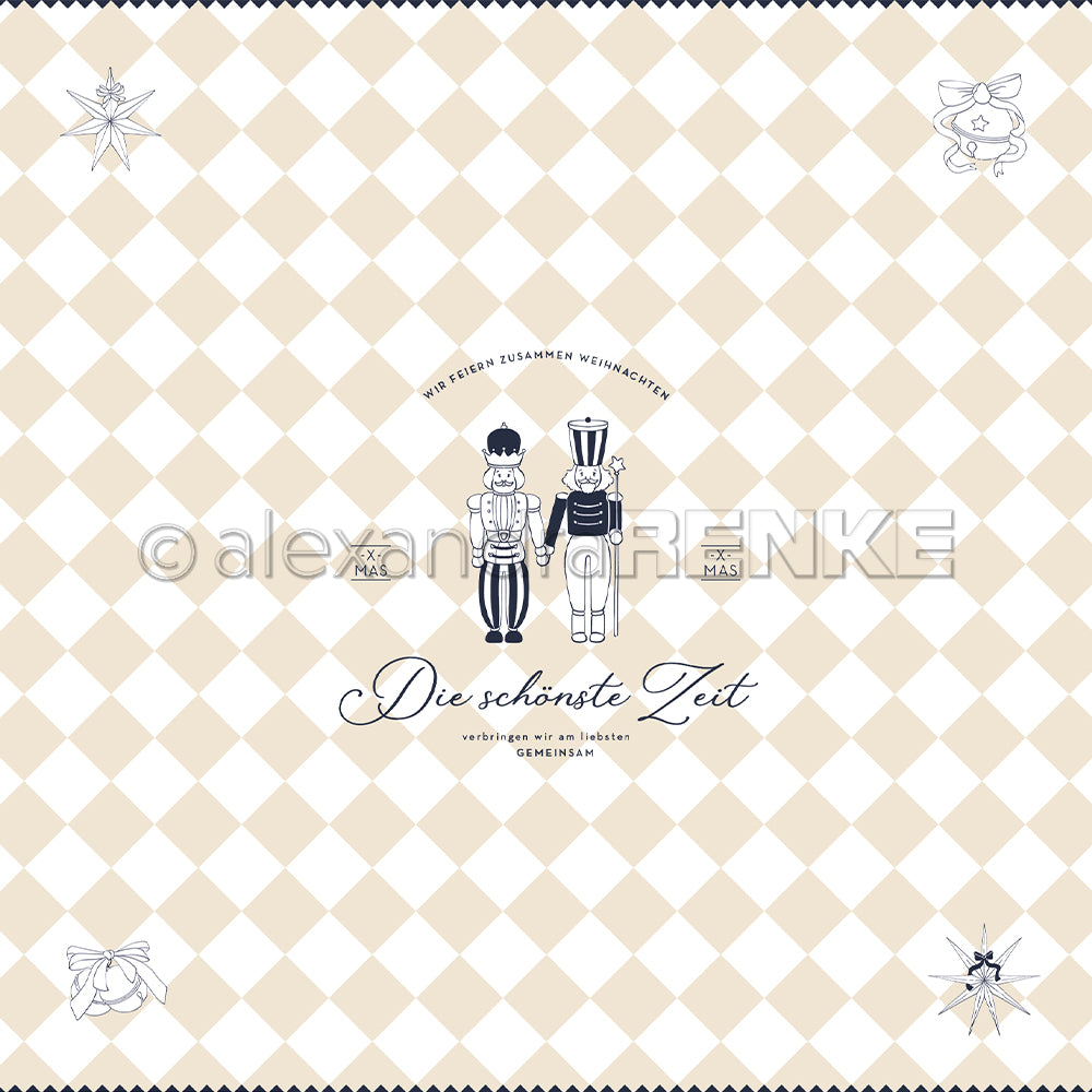 Zwei Nussknacker-Figuren mit deutschem Text auf beigefarbenem, kariertem Designpapier von Alexandra Renke - mit weihnachtlichen Akzenten in den Ecken ideal für weihnachtliche Papierprojekte oder buchbinderische Kreationen.
